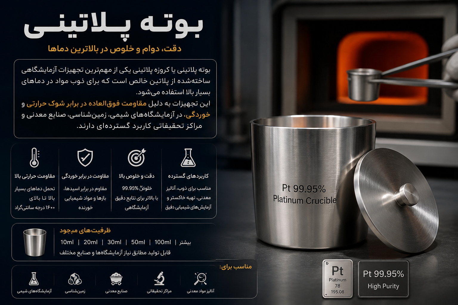 بوته پلاتینی یا کروزه پلاتینی یکی از مهم&zwnj;ترین تجهیزات آزمایشگاهی ساخته&zwnj;شده از پلاتین خالص است که برای ذوب مواد در دماهای بسیار بالا استفاده می&zwnj;شود. این تجهیزات به دلیل مقاومت فوق&zwnj;العاده در برابر شوک حرارتی و خوردگی، در آزمایشگاه&zwnj;های شیمی، زمین&zwnj;شناسی، صنایع معدنی و مراکز تحقیقاتی کاربرد گسترده&zwnj;ای دارند.